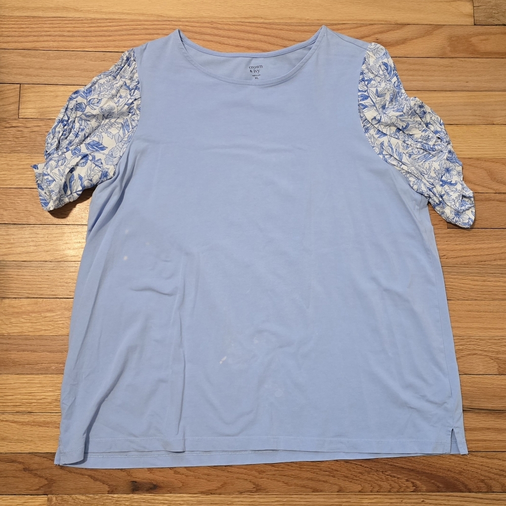 Crown & Ivy Brand  Light Blue Top with Blue & White Floral Puff Sleeves